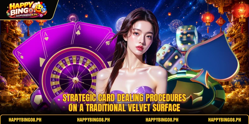 Strategic card dealing procedures on a traditional velvet surface Strategic card dealing procedures on a traditional velvet surface