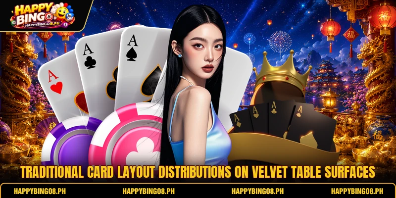 Traditional card layout distributions on velvet table surfaces Traditional card layout distributions on velvet table surfaces